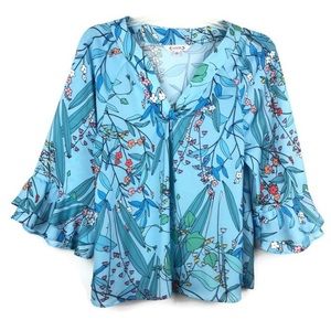 Nanette Lepore blouse floral bell sleeve aqua